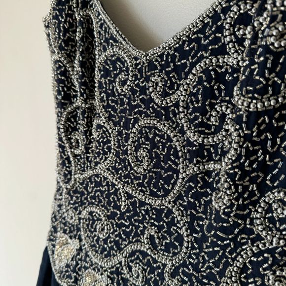 Vintage Oleg Cassini Navy 100% Silk Silver Pearl Beaded Party Dress | Sz 8 - Picture 6 of 14